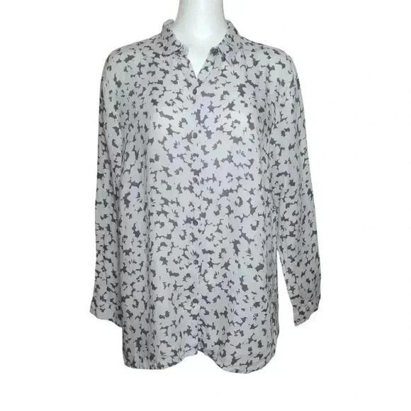 J. Jill Womens Size Large Off-White Gray Floral Love Linen Button Down Shirt - Picture 2 of 8